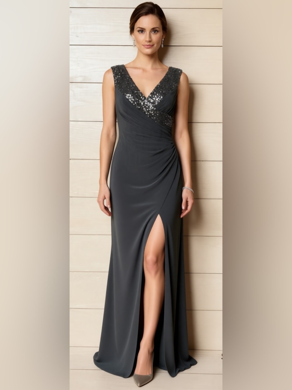 Ralph Lauren Gray Sequin Dress High Slit Ruched Formal Evening Gown V-Neck Size6